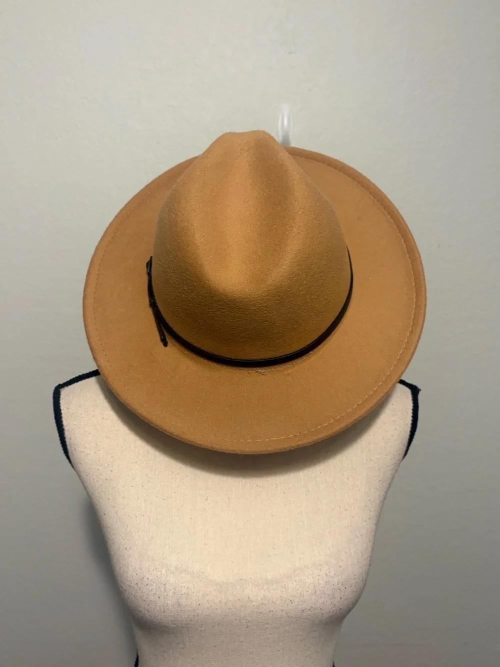 Camel Wide Brim Fedora Hat Tan Felt Panama Style with Buckle Belt Detail